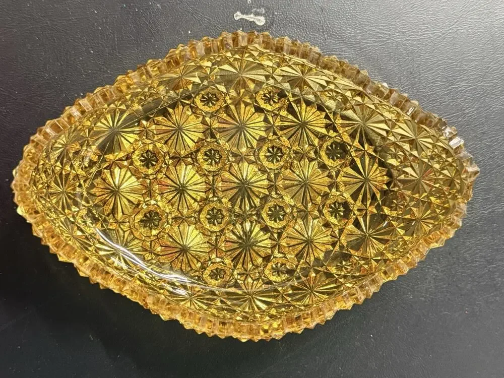 Vintage Amber Pressed Glass Oval Relish Dish Starburst Pattern